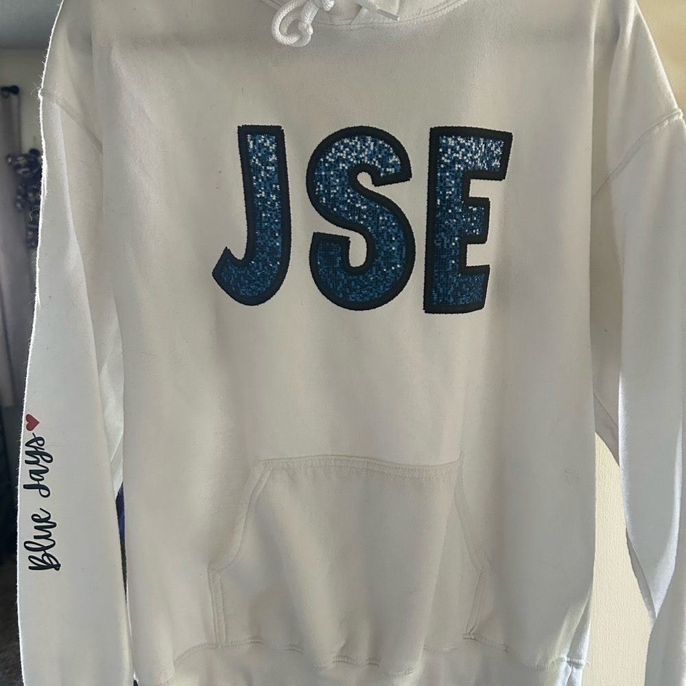 Blue Jay White Hoodie with Blue Sequin JSF Logo